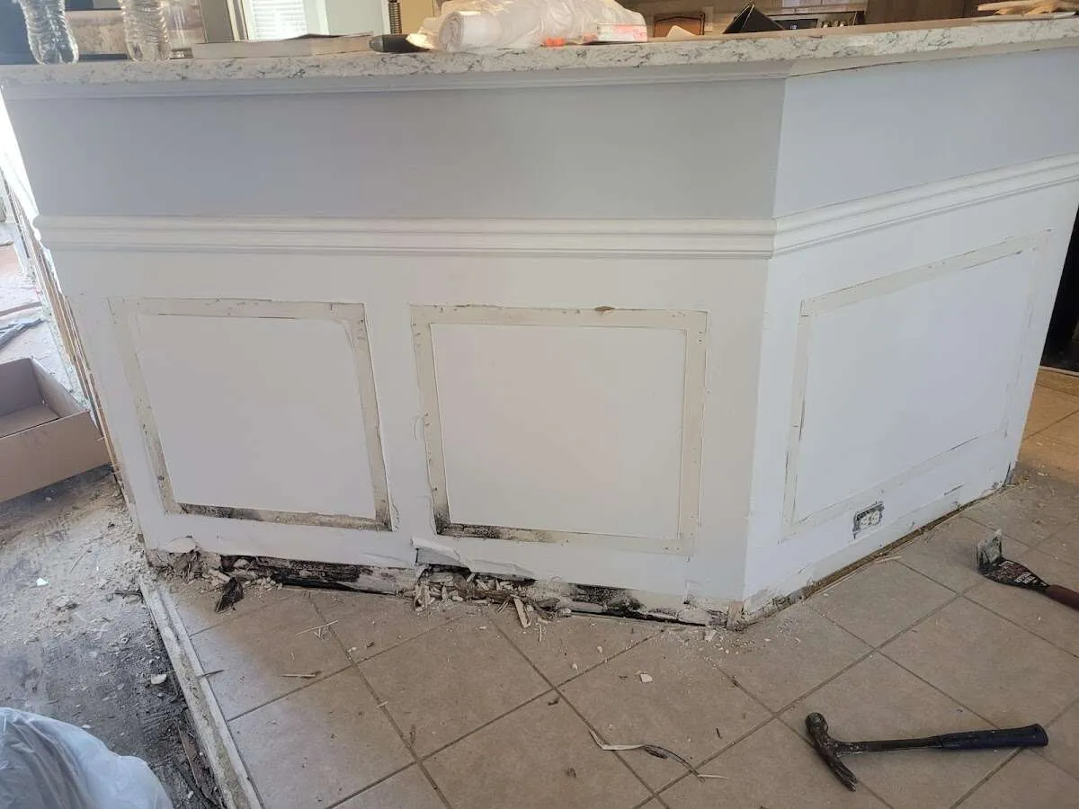 Water damage and mold on kitchen during Storm Damage Restoration in Delano